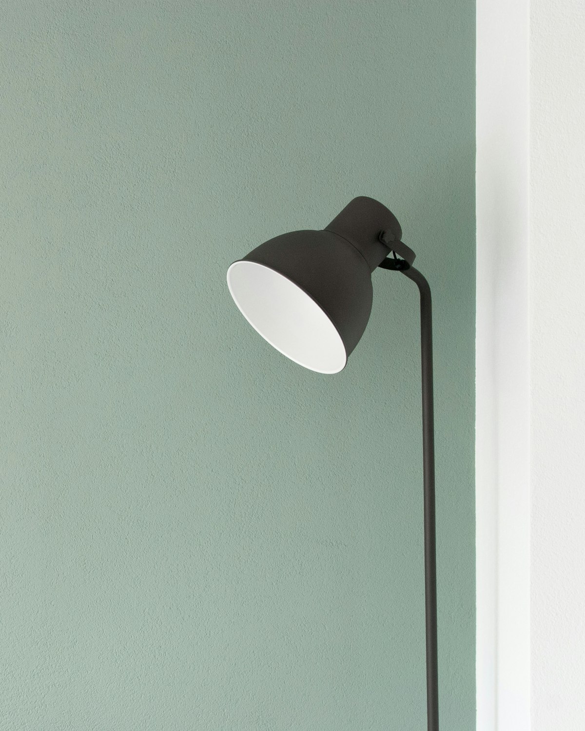 A matte charcoal floor lamp angled against a sage green wall